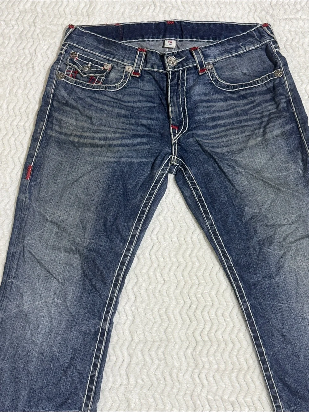 True Religion Jeans Vintage Straight Relaxed Mens 36 Blue Red Stitch